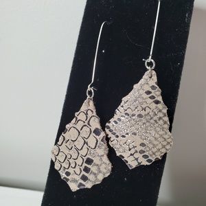 3/$30 Beige Tan Gray Silver leather drop earrings